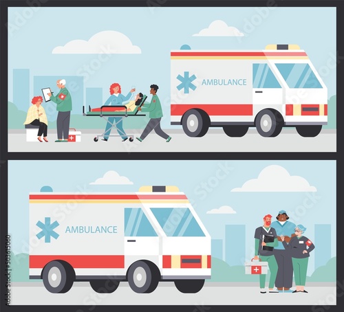 Poster ambulance paramedics, vector flat illustration. Patient on a stretcher. photo