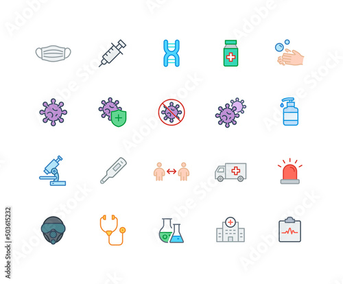Covid-19, Virus and remedial treatment linear icons and color icons. Injection, Mask, Medicine. Set of Hospital, Research symbols drawn with thin contour lines. Vector illustration.