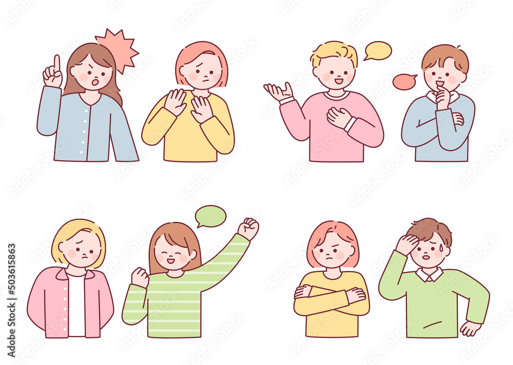 Friends talking with various emotions. flat design style vector illustration.