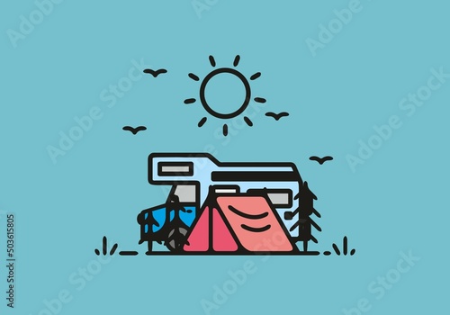 Simple camper van camping illustration