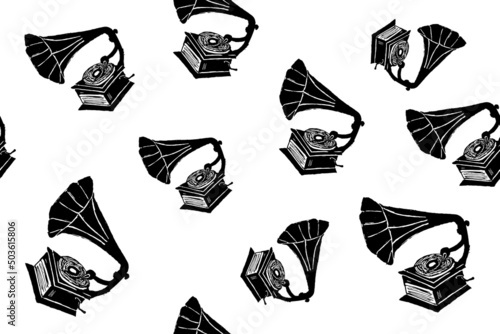 pattern created with silhouettes of vintage gramophone record player, hand drawn, vector graphics