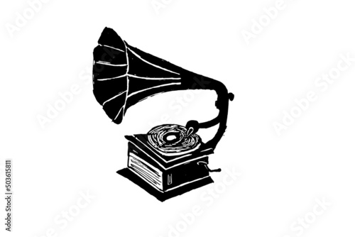 silhouette of vintage gramophone record player, hand drawn, vector graphics