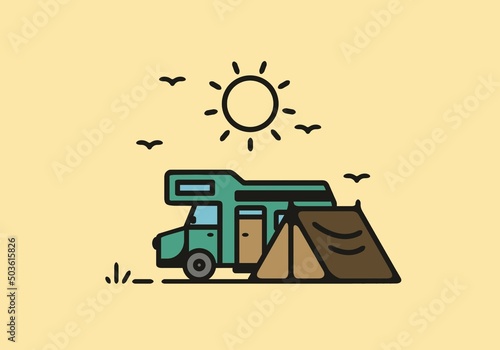Simple camper van camping illustration