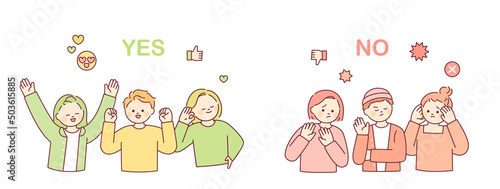 yes and no. People divided into positive and negative opinions. flat design style vector illustration.