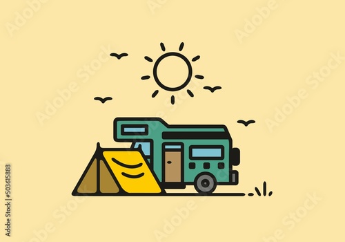 Simple camper van camping illustration