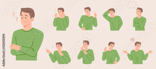 A man is expressing various emotions. flat design style vector illustration.