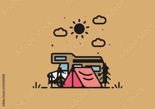 Simple camper van camping illustration