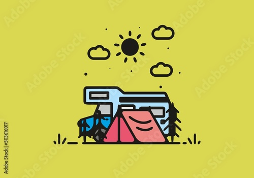 Simple camper van camping illustration