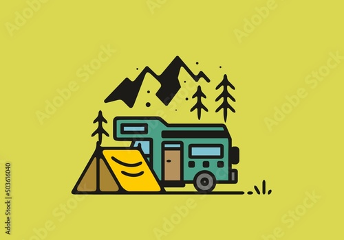 Simple camper van camping illustration