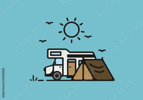 Simple camper van camping illustration