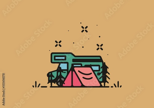 Simple camper van camping illustration