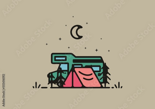 Simple camper van camping illustration