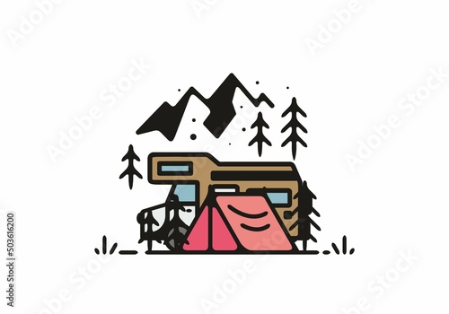 Simple camper van camping illustration