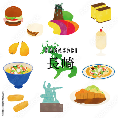 長崎　ご当地グルメ・観光名所　水彩タッチイラスト