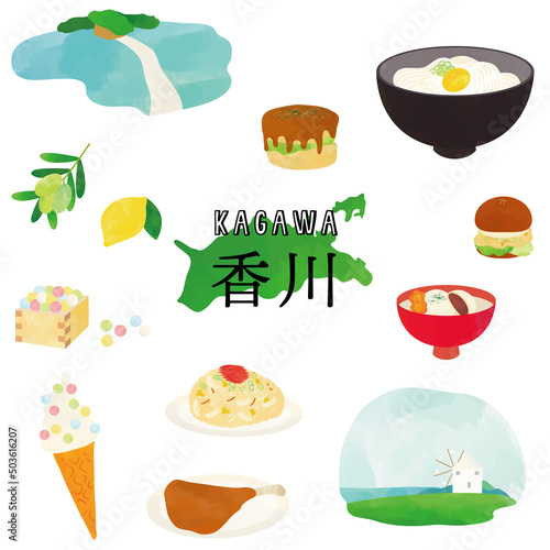 香川　ご当地グルメ・観光名所　水彩タッチイラスト