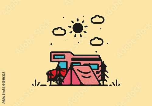 Simple camper van camping illustration