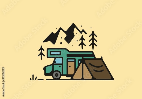 Simple camper van camping illustration