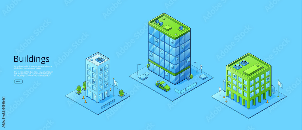Poster of modern city buildings. Vector horizontal banner of urban architecture with isometric house, business tower and office with parking and trees Poster of modern city buildings. Vector horizontal banner of urban architecture with isometric house, business tower and office with parking and trees