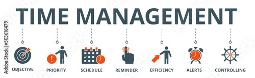 Time management banner web icon vector illustration concept with icon of objective, priority, schedule, reminder, efficiency, alerts, and controlling