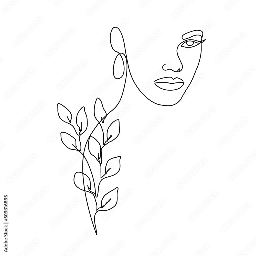 Woman Head with Leaves Branch Continuous One Line Vector Drawing. Style Template with Abstract Female Face. Modern Minimalist Simple Linear Style. Beauty Fashion Design Woman Head with Leaves Branch Continuous One Line Vector Drawing. Style Template with Abstract Female Face. Modern Minimalist Simple Linear Style. Beauty Fashion Design