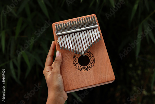 Holding hand with Kalimba or Mbira an African musical instrument made from wooden board and metal in dark background photo