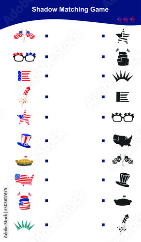 4th July worksheet for children. Matching shadow game for Preschool Children. Educational printable worksheet. Matching the images with the shadow worksheet. 