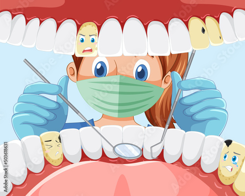 Dentist holding instruments examining patient teeth inside human mouth