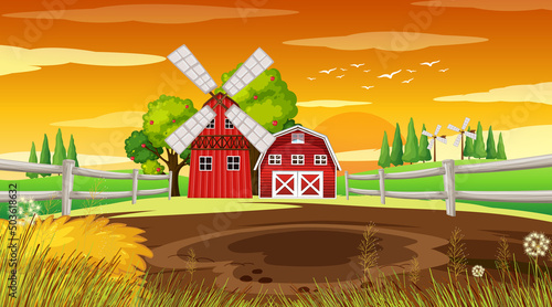 Farm background with barn and windmill