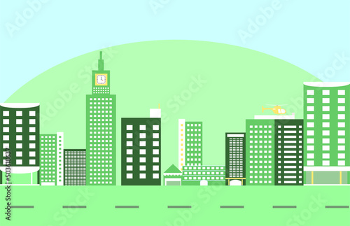 Vector green skyscraper building in smart city  for environmental theme. Earth day.