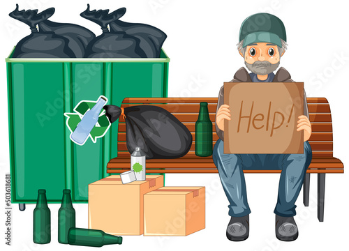 Homeless man holding help sign and sitting near garbage