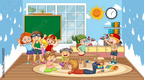 Scene of classroom with many children playing © GraphicsRF