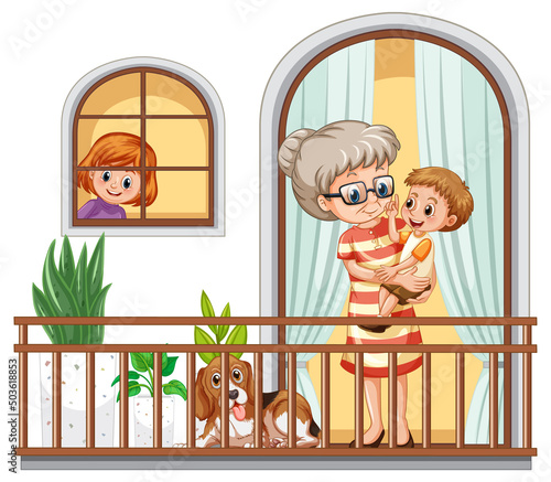 Granny and her nephew standing on the balcony