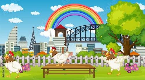 Park scene with three chickens walking