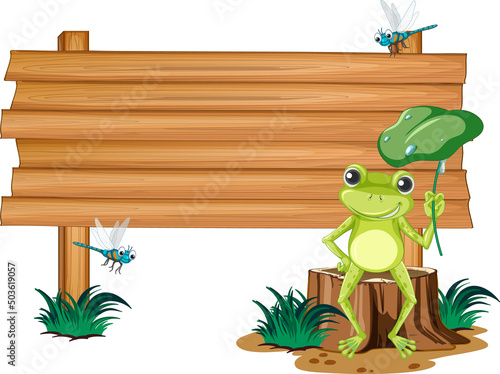 Blank wooden signboard with frogs