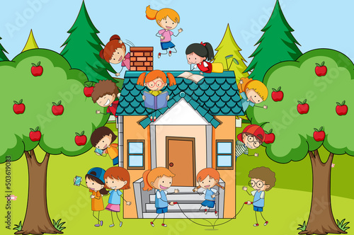 Scene with many kids playing at home