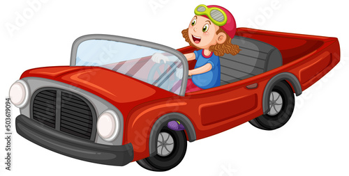 A girl driving vintage car in cartoon design