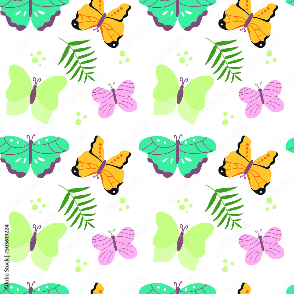 Butterfly set seamless pattern. Colorful cartoon vector repeat background. Hand drawn spring summer design element. Digital paper, wrapping fabric, skinny tumbler