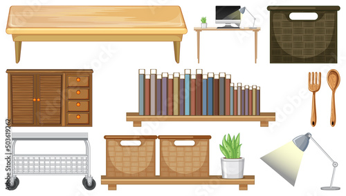 Furniture and household appliances on white background