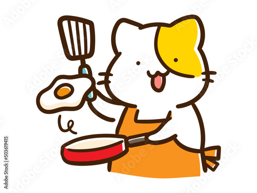 目玉焼きを作るかわいいねこのキャラクターの手書き風イラスト