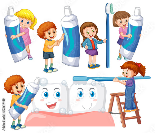 Set of happy kids holding dental cleaning equipment on white background