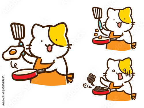 フライパンで料理をするかわいいねこのキャラクターの手書き風イラストセット