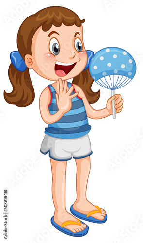 Cute girl in blue outfit holding hand fan