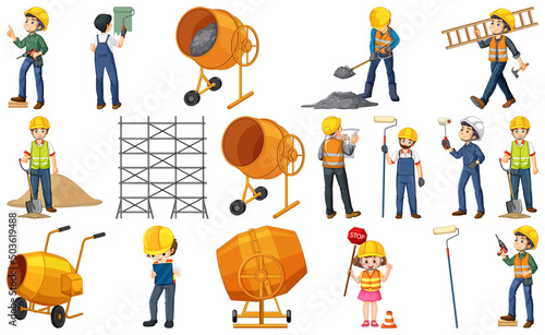 Set of construction site objects and workers