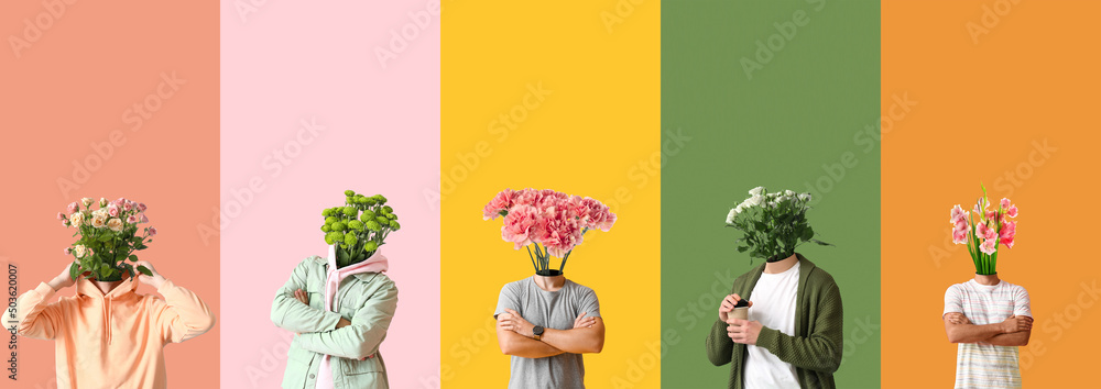 People with bouquets of flowers instead of their heads on colorful background - obrazy, fototapety, plakaty 