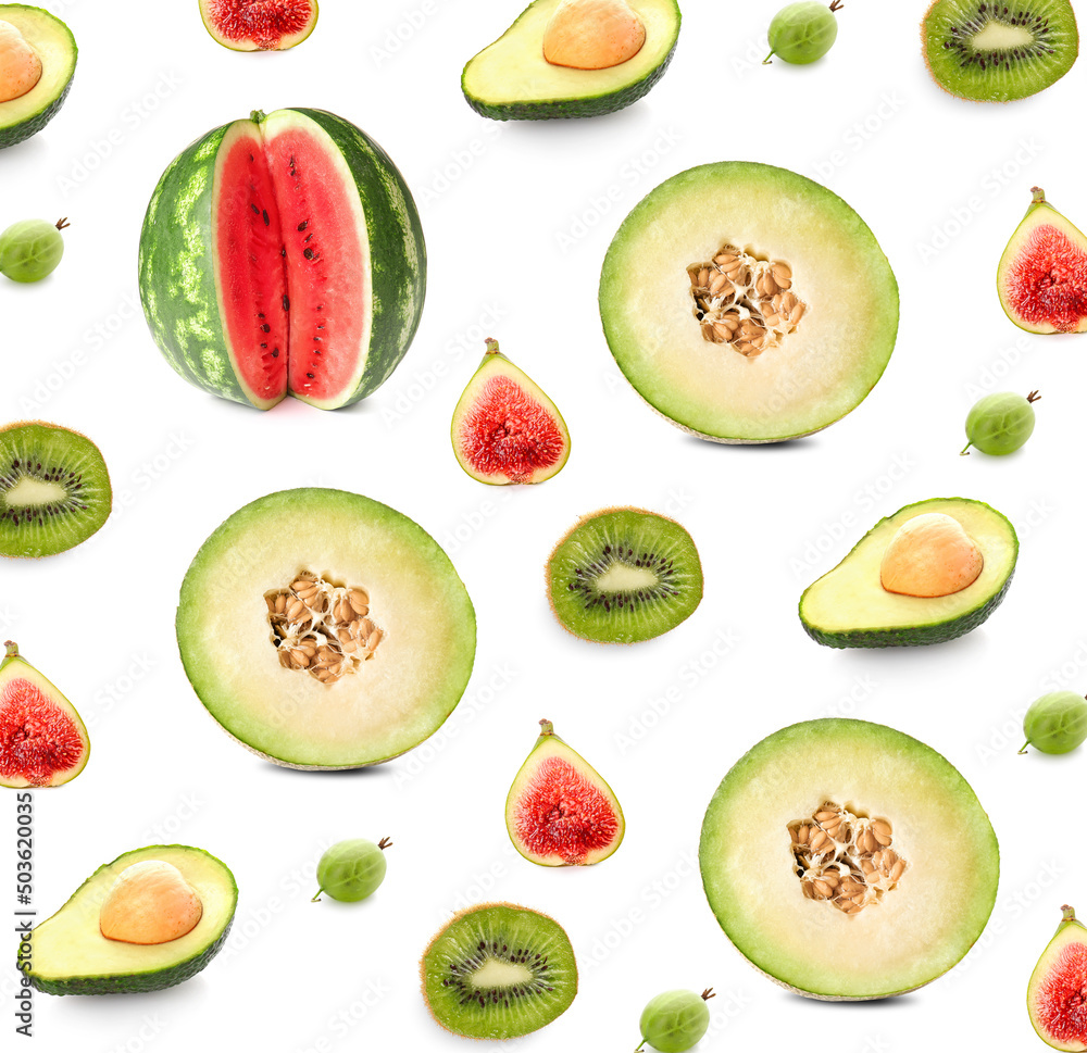 Set of fresh green fruits on white background Set of fresh green fruits on white background