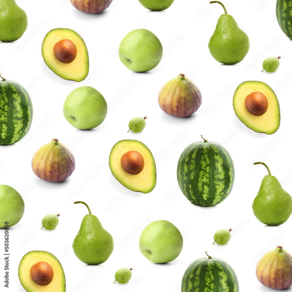 Set of fresh green fruits on white background Set of fresh green fruits on white background