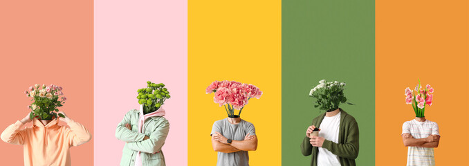 People with bouquets of flowers instead of their heads on colorful background