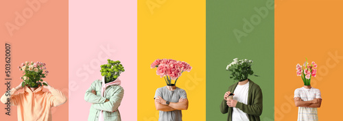 Canvas Print People with bouquets of flowers instead of their heads on colorful background