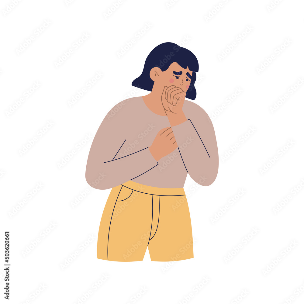Young girl coughing. Sick woman with symptoms could or asthma. Hand drawn color vector illustration isolated on white background. Modern flat cartoon style.