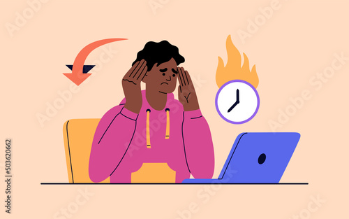 African american man tired of hard working, burnout at work. Guy sits by the table with laptop. Unhappy person overworked. Hand drawn vector illustration isolated on light background in flat style